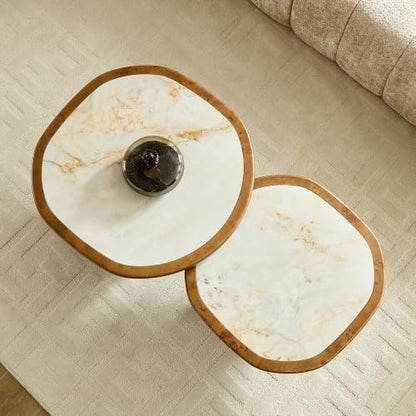 Curved Round Coffee Table Set of 2 with Sintered Stone Tabletop for Living Room, Modern Mid-Century Retro Pedestal Nesting Coffee Table, Burl Wood Veneer, Walnut, 2-Pcs - color: 2-pcs-walnut
