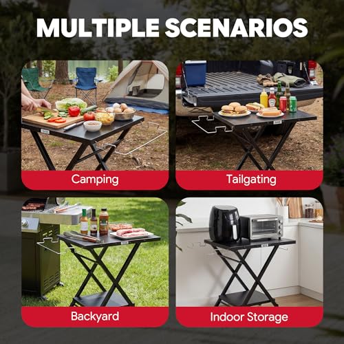 Feasto Outdoor Grill Table, Folding Prep Table, 30" x 24", Black | with Garage Rack & Tissue Holder, Foldable Pizza Oven Stand & Griddle Stand for Gathering and Party - color: Black