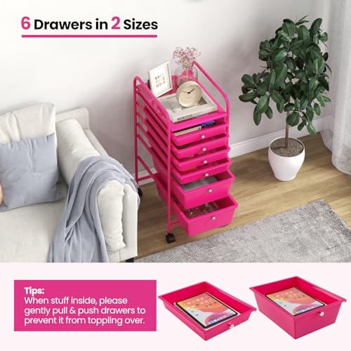 DREAMADE Rolling Cart with Storage Drawers, Utility Cart w/Removable Plastic Drawers, Lockable Wheels, Art Cart for Classroom Organization Art Supplies Office Scrapbook (6 Drawers, Hot Pink) - color: Hot Pink, style: 6 Drawers