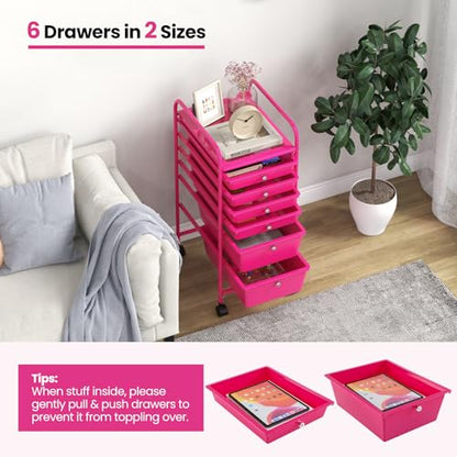 DREAMADE Rolling Cart with Storage Drawers, Utility Cart w/Removable Plastic Drawers, Lockable Wheels, Art Cart for Classroom Organization Art Supplies Office Scrapbook (6 Drawers, Hot Pink) - color: Hot Pink, style: 6 Drawers