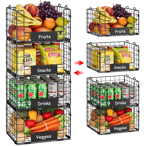 JKsmart 4 Pack XL Stackable Wire Baskets with Name Plates, Pantry Organizers and Storage - size: XL-12.2"x9.85"x28.65"