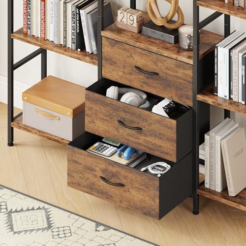 AFLUI Triple Bookshelf with 3 Fabric Drawers, 4-Tier Book Shelf and 10 Display Shelves, Industrial Large Bookcase for Home & Office, Rustic Brown, 59'' Wide - color: Rustic Brown, size: 4 Tier(59" W)