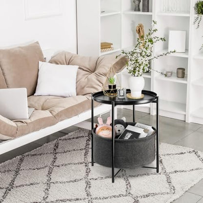 danpinera Black Small Round Side Table with Storage Basket, Removable Tray | Metal Bedside Table for Small Space, Living Room, Nursery, Metal Accent Stand with Removable Tray, Coffee Nightstand, Black - color: Ink Black
