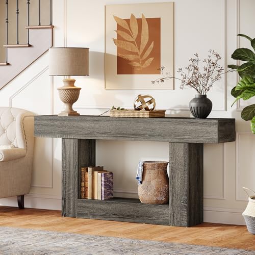 Tribesigns 63-Inch Long Console Table, 2-Tier Entryway Table Sofa Table with Storage, Farmhouse Wood Behind Couch Table for Living Room, Hallway, Rustic Gray - color: Rustic Gray