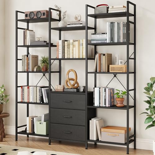 AFLUI Triple Bookshelf with 3 Fabric Drawers, 5-Tier Book Shelf and 10 Display Shelves, Industrial Large Bookcase for Home & Office, Black, 47'' Wide - color: Black, size: 5 Tier(47" W)