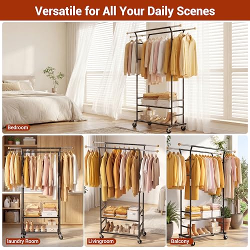Clothes Rack with 3-Level Height Adjustment - Double Rod Extendable Hanging Rails with Wooden Finials, Luxury 2-Tier Metal Storage Shelves - Sturdy Wardrobe Rack for Closet, Bedroom or Laundry - color: 2-Tier (68.5 H")