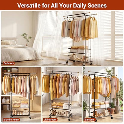 Clothes Rack with 3-Level Height Adjustment - Double Rod Extendable Hanging Rails with Wooden Finials, Luxury 2-Tier Metal Storage Shelves - Sturdy Wardrobe Rack for Closet, Bedroom or Laundry - color: 2-Tier (68.5 H")