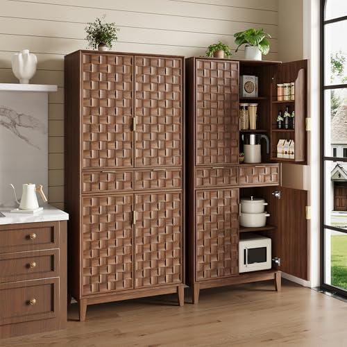 Pantry Cabinet, 71" Tall Pantry Cabinet,Modern Kitchen Cabinet with Doors, Drawers & Adjustable Shelves, Freestanding Food Pantry Cupboard with Side Rack for Kitchen Dining Room,Walnut - color: New-walnut