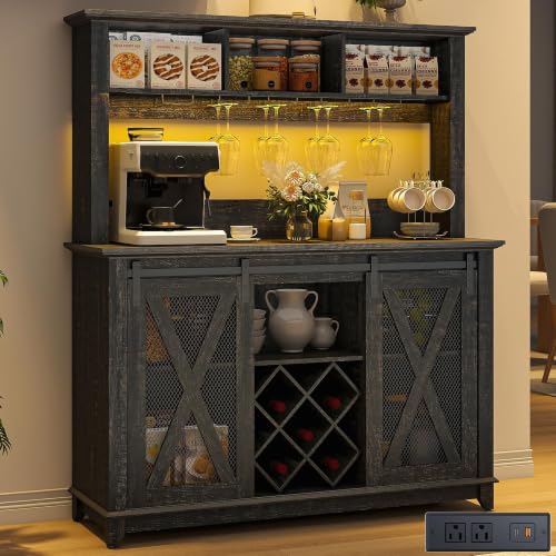 47"Wide 56"H Farmhouse Coffee Bar Cabinet with Power Outlet and LED Light,Wine Bar Cabinet w/3 Storage Hutch,Kitchen Buffet Cabinet with 10 Wine and Glass Racks for Kitchen Dining Room(Dark Oak) - color: Dark Rustic Oak, size: 47 in