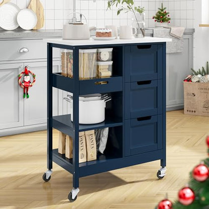 YITAHOME Small Solid Wood Top Kitchen Island Cart on Wheels with Storage, Rolling Portable Dining Room Serving Utility Carts Mobile Movable with 3 Drawers Cabinet, Navy Blue - style: 26.7"W Blue