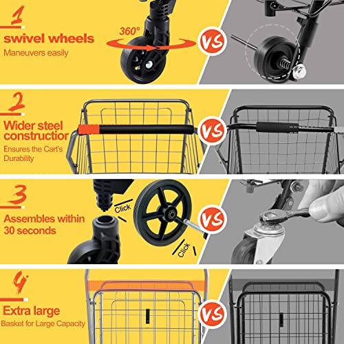Wellmax WM99024S Grocery Utility Shopping Cart, Easily Collapsible and Portable to Save Space and Heavy Duty, Light Weight Trolley with Rolling Swivel Wheels - size: Medium