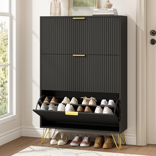 Shoe Cabinet with 3 Flip Drawers Narrow, Fluted Black Shoe Cabinet Storage for Entryway Slim, Hidden Shoe Storage Cabinet, Modern Freestanding Shoe Rack Organizer for Entryway, Black - color: Black, size: 3 Drawers