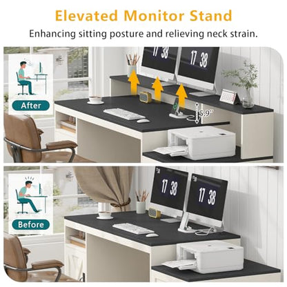 TVU Farmhouse Computer Desk with Drawers, 65'' Home Office Desk with Power Outlets, Storage Cabinet and Printer Stand, Study Writing Desks with Long Monitor Stand, Black and White - color: Black and White