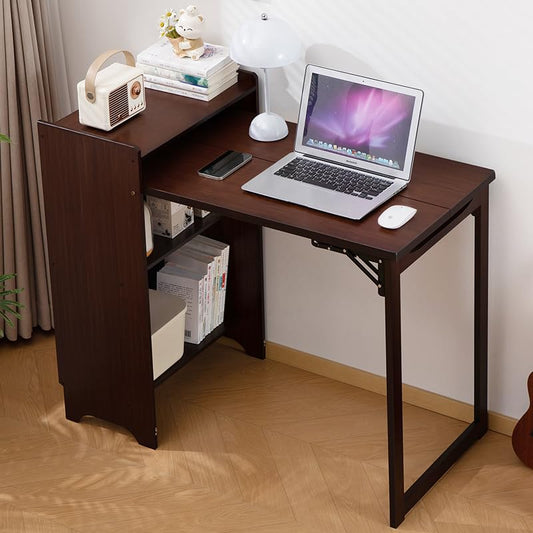 Folding Out Desk with Storage, Expandable Hidden Desk, Space-Saving Pull Out Murphy Table, Writing Table with Shelves and Mobile Wheels for Home Office, Bedroom Dorm Room Small Spaces (Walnut) - color: Walnut