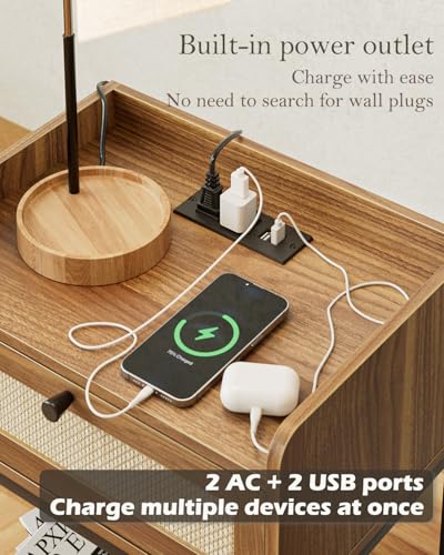 Nightstand with Charging Station,3-Tier Bedside Table for Small Space,Modern Night Stand with Storage Drawer and Shelf,Small Side Table for Bedroom,Living Room,Walnut Brown - color: Walnut With Charging Station