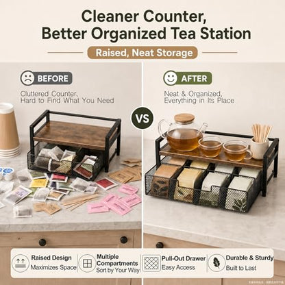 8-Drawer Tea & K-Cup Storage Organizer for Countertop | 8 large drawers，Iron & wood, fits tea bags & K-Cups, dust-proof，space-saving，for countertop or drawer，easy-clean