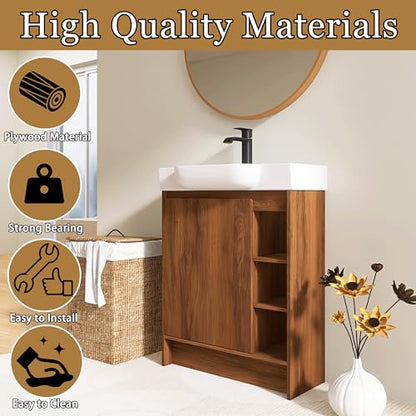 28" Freestanding Bathroom Vanity with Sink, 28 Inch Floor Stand Vanity for Small Bathrooms, Soft-Close Door Cabinet with White Ceramic Basin & Waterproof Plywood, Brown