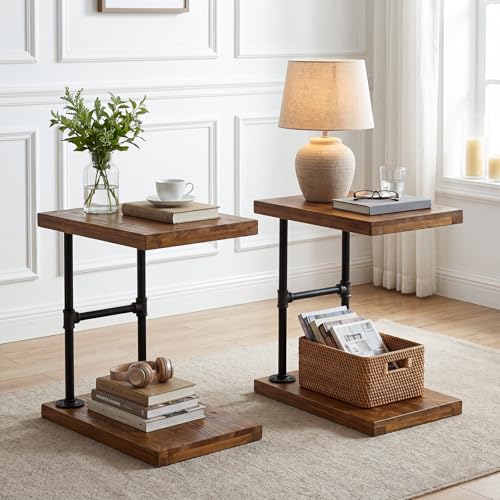 C Shaped Solid Wood Nightstand, Narrow Bedside Table with Shelf for Small Bedroom, Industrial Rustic Bed Side Table for Low Beds, Laptop Desk for Bed, Black Metal Frame (2, Brown)
