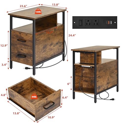 Livofloral Side Tables with Charging Station, Narrow End Table with 2 Wooden Drawers, USB Ports and Power Outlets, Narrow Nightstand and Bedside Table, Side Tables Living Room, Bedroom, Brown - color: Brown