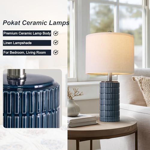 PoKat 20.75" Small Blue Table Lamps, Farmhouse Bedside Lamps for Bedroom Set of 2, Ceramic End Table Lamps for Night Stands Living Room, Modern Nightstand Desk Lamps, Dark Blue - color: 20.75'' Small - Dark Blue