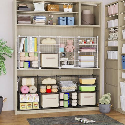 C&AHOME Wire Cube Storage Unit, Interlocking Metal Wire Organizer with Divider Design, Modular Cabinet with Plastic Panels, Bookshelf Stackable Closet Organizer with Small Hooks, White UWCSIM08W - color: White