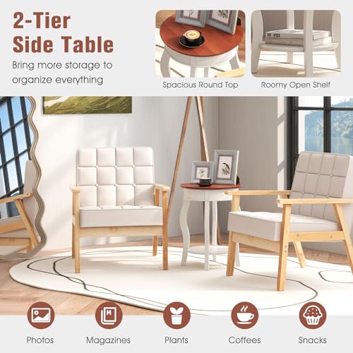GOFLAME 2-Tier Round End Table, Compact Nightstand with Storage Shelf & Solid Wood Curved Legs, Accent Table, Mid-Century Sofa Side Tables for Living Room, Bedroom, Small Space, White