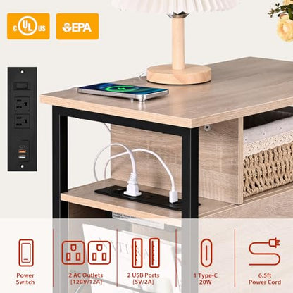 Livofloral Side Tables with Charging Station, Narrow End Table with 2 Wooden Drawers, USB Ports and Power Outlets, Narrow Nightstand and Bedside Table, Side Tables Living Room, Bedroom, Greige - color: Greige