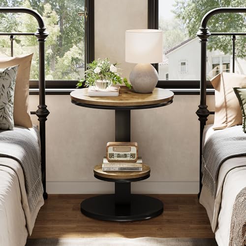Tribesigns Round End Table, 2 Tiers Side Table with Storage Shelf, Sofa Side Bedside Nightstand with Wood Metal C-Shaped Frame for Small Spaces, Living Room, Easy to Assemble, Light Brown (2PCS) - color: Light Brown