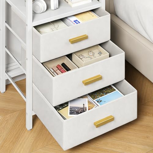 Nightstand 3 Drawers Side Table Modern Bedside End Table | White night stand with 3 fabric drawers, double layer shelf, metal frame, space saving end table for bedroom and living room - size: 3 Drawers, Single Piece