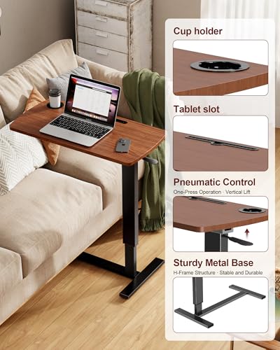 Foldable Overbed Table with Wheels, Pneumatic Adjustable Desk | 31.5 X 17.7 In Desktop with Cup Holders and Tablet Slot, Hidden Casters, 88 Lbs Capacity, Installs on Either Side of Bed - color: Brown