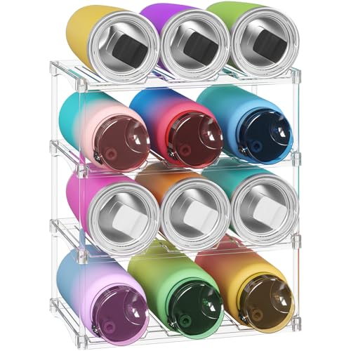 Lifewit Stackable Bottle Storage Organizer, Clear Freestanding Wine Holder for Cabinet, Large Slot Water Bottle Tumbler Cup Organizer for Pantry, Plastic Wine Rack for Fridge Cellar, 4Tier Hold 12 - size: 4 Tier-12 Bottle