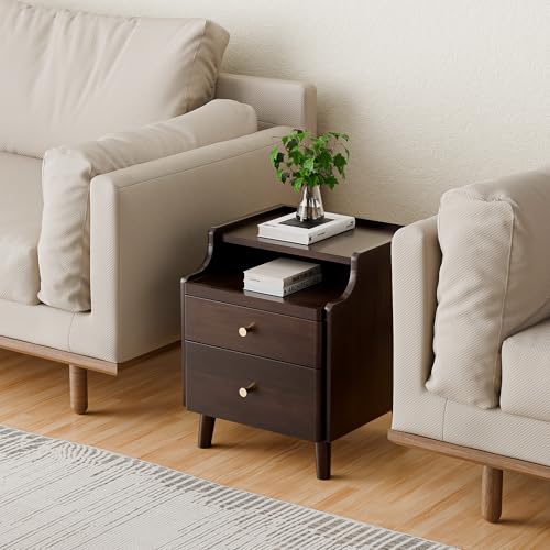 Nightstand Set of 2, Pre-Assembled, 19.7“H Solid Wood Night Stand with 2 Drawers, Open Sliding Shelf, Mid Century Modern Small Bedside Table for Bedroom, Black Walnut 16" - color: Black Walnut-2pack, size: 16"