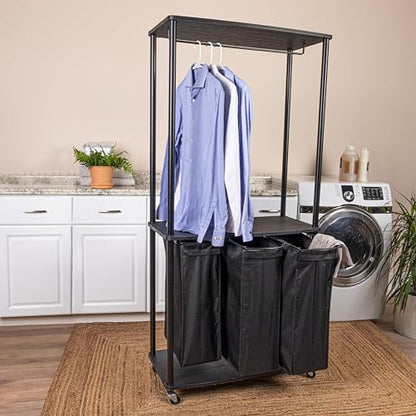 Household Essentials 3-Bag Laundry Center, Smooth Laminate Shelving, Sturdy Steel Frame - color: Black, size: 31.5"L x 17.3"W x 67.3"H