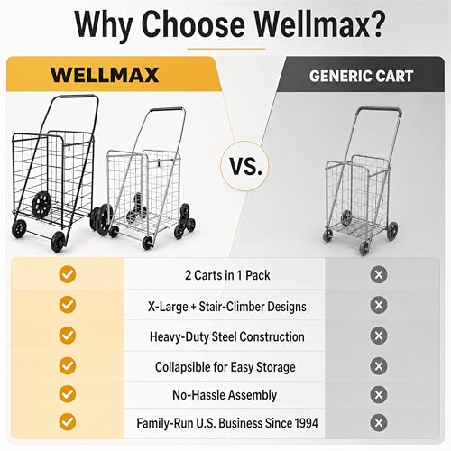 Wellmax 2-Pack Shopping Utility Cart with Stair Climber, Collapsible Folding Cart for Grocery, X-Large and Large (Black and Silver) - size: Large-Medium