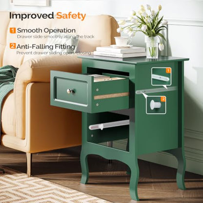 Bonnlo Green Nightstand with Drawers for Bedroom, Green Night Stand Bedside Table for Small Spaces, Kids Room, Living Room, Dorm, French, 15.75" W x 11.8" D x 23.6" H - color: Green