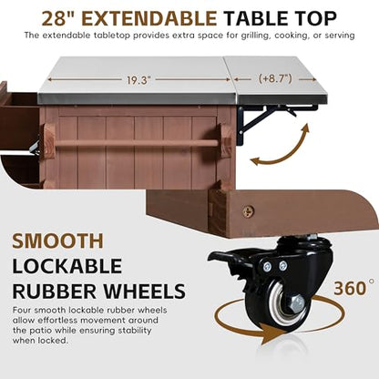 Outdoor Solid Wood Kitchen Island with Storage, 28" Extendable Stainless Steel Top Grill Cart, Rolling BBQ Prep Station with Drawers, Spice Rack, Towel Rack for Backyard, Patio, Camping - color: Brown
