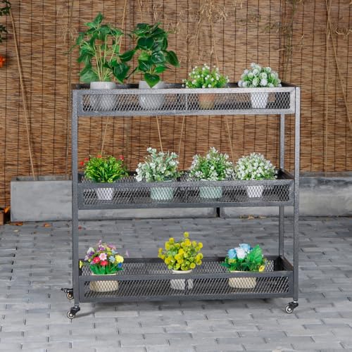 Heavy-Duty Plant Stand Outdoor Aluminum with Wheels | Waterproof Rust-Resistant Metal Plant Rack, High Capacity Moving Garden Cart for Patio Garden Balcony