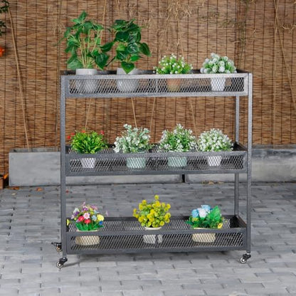 Heavy-Duty Plant Stand Outdoor Aluminum with Wheels | Waterproof Rust-Resistant Metal Plant Rack, High Capacity Moving Garden Cart for Patio Garden Balcony