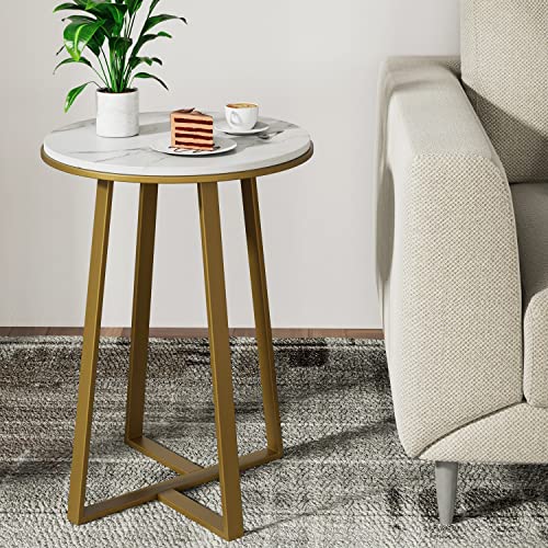 Dorriss Round End Tables, Small Side Table White Marble Texture MDF Top,Metal Frame Gold Color, Tall End Table for Bed Room,Coffee Tea End Table for Living Room (White Marble+Gold) - color: Round White Marble