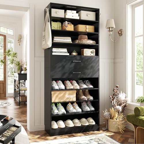Aheaplus Tall Shoe Cabinet, 10 Tiers Wood Shoe Rack, Vertical Shoe Storage Organizer with 2 Drawers, Narrow Shoe Shelf Tower for 24-28 Pairs, Space Saving, for Closet, Entryway, Bedroom, Black - color: Black, size: 10 Tier (25.6"w)