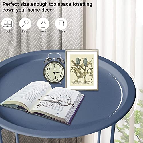 Garden 4 you End Table 2 PCS Metal Side Table Dark Blue Round Folding Tray Cyan Sofa Small Accent Fold-able Table, Round End Table Tray, Next to Sofa Table, Snack Table for Living Room and Bed Room - color: Dark Blue
