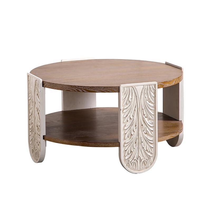 31.89'' Round Wood Coffee Table 2-Tier Circle Craft Rustic Coffee Table for Living Room, Modern Retro Farmhouse Carved Style, Easy Assembly, Natural Wood - color: Ø31.89''-natural Wood