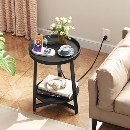Round Industrial Side Table with Charging Station,2-Tier Round End Table with USB Port & Power Outlet, Nightstand with Metal Frame for Small Spaces, Living Room, Bedroom, Black - color: Black, style: With Charging Station