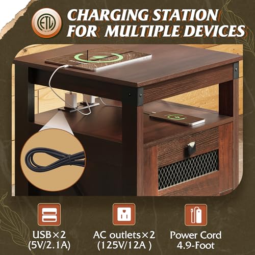WLIVE Nightstand with Charging Station, Farmhouse End Table, Bed Side Table with 2 Storage Drawers and Open Shelf, Wood Rustic Nightstands for Bedroom, Espresso | Charging Station(2AC+2USB), Farmhouse Design (Cut-out Grills)，Storage(2 Drawers +1 Shelf), E