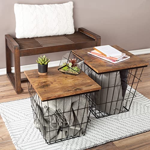 Lavish Home End Tables - Square Nesting Tables Set of 2, Brown Woodgrain | 15.75”/14.5” Side Tables with Removable Wood Tops & Metal Basket Bases for Blanket Storage, Living Room, Bedroom, Home Office - color: Brown Square 2