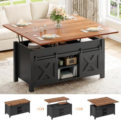 SEDETA Farmhouse Lift Top Coffee Table with Storage and Hidden Compartment | 4 in 1 Multi-Function Convertible Coffee Tables Converts to Dining Table for Small Living Room, Black Brown - color: Black Brown, size: 39.3"D x 39.3"W