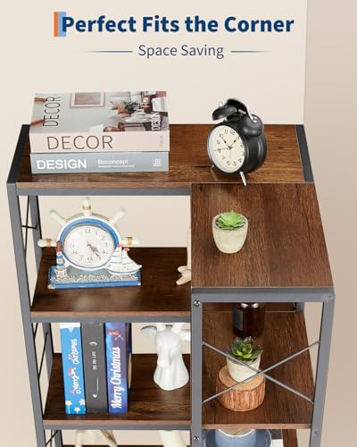 Garvee Corner Shelf, 7 Tier Industrial Corner Bookshelf, Wood and Metal Frame Large Bookcase, Freestanding Display Shelf for Living Room, Kitchen, Home Office, Rustic Brown