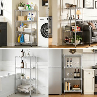 4-Tier Wire Shelf Metal Rack, Narrow Wire Shelving Unit, Small Wire Shelf | 17.3"Wx11.4"Dx44.3"H,Height Adjustable Storage Pantry Shelves with Lockable Wheels for Kitchen Office,Bathroom Small Spaces - color: 4-tier Chrome-17.3"x11.4" X44.3"(wxdxh)