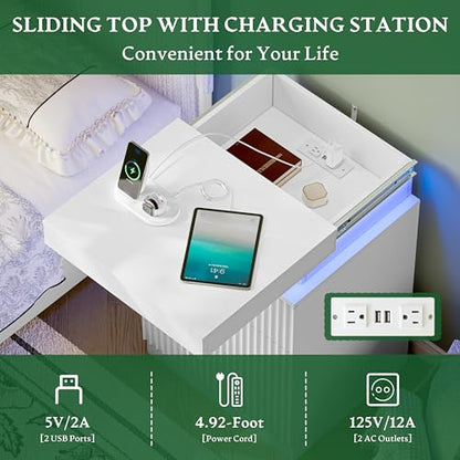 Xixini Nightstand with Charging Station and RGB LED Lights, Fluted 3-Drawer Bedside Table with Sliding Top, Wooden End Table for Bedroom, Living Room, White - color: White