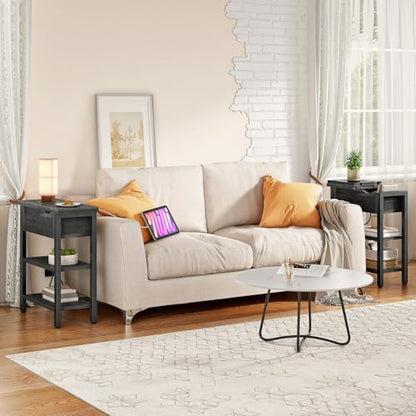 HOOBRO End Table with Charging Station, Narrow Side Table, Flip Top Nightstand with USB Ports and Outlets, Bedside Tables with Shelf for Small Spaces, Living Room, Charcoal Black BC341BZ01 - color: Charcoal Black